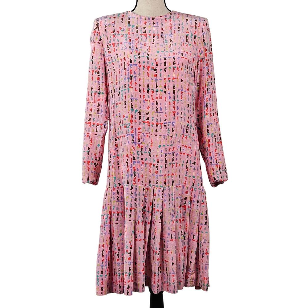 David Hayes VTG 80s Silk Print Pleated Pink Mini‎ Dress | Women's 10 | FLAWS